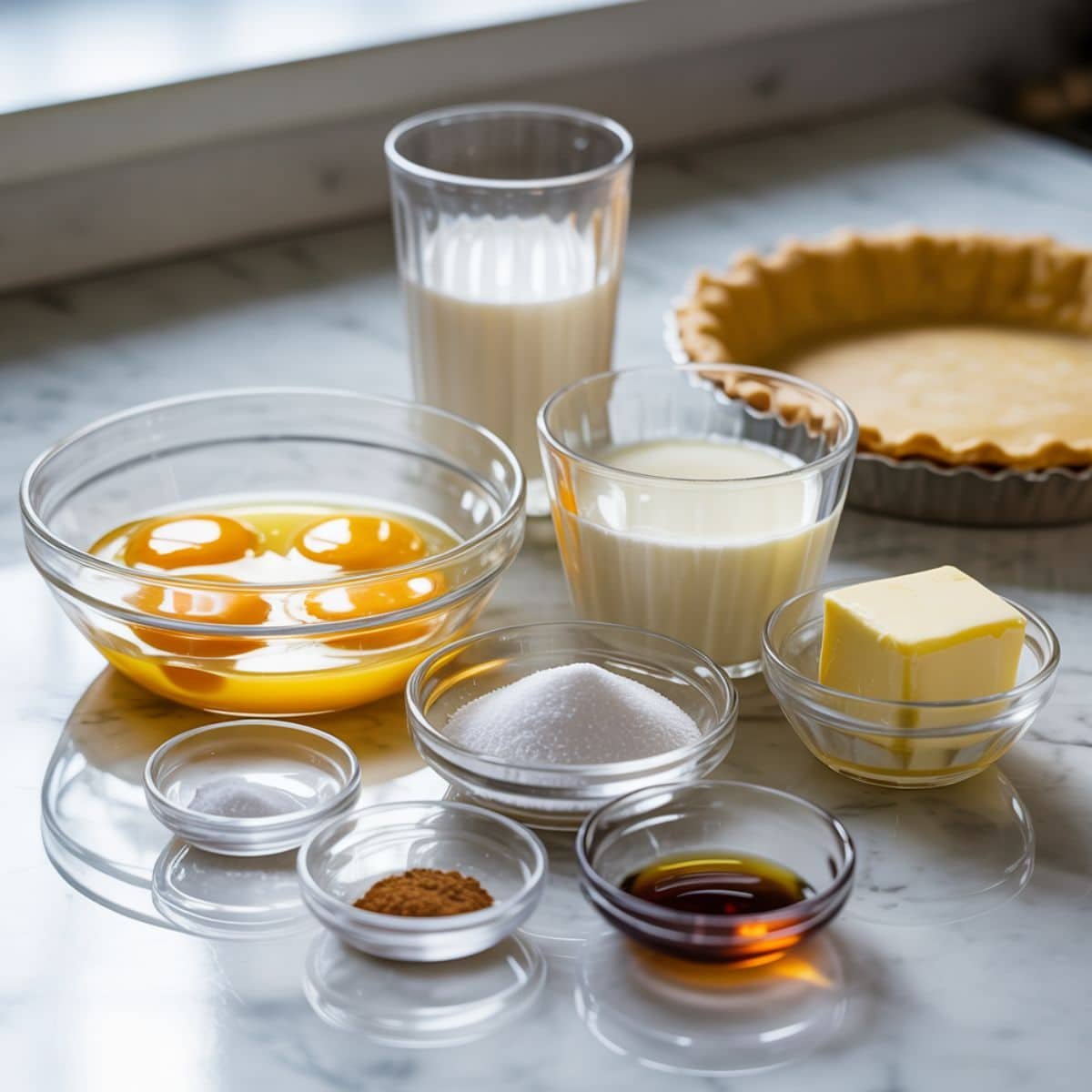 Flat lay of egg custard pie ingredients on a white kitchen counter — eggs, milk, sugar, vanilla, nutmeg, butter, and pie crust in natural light.