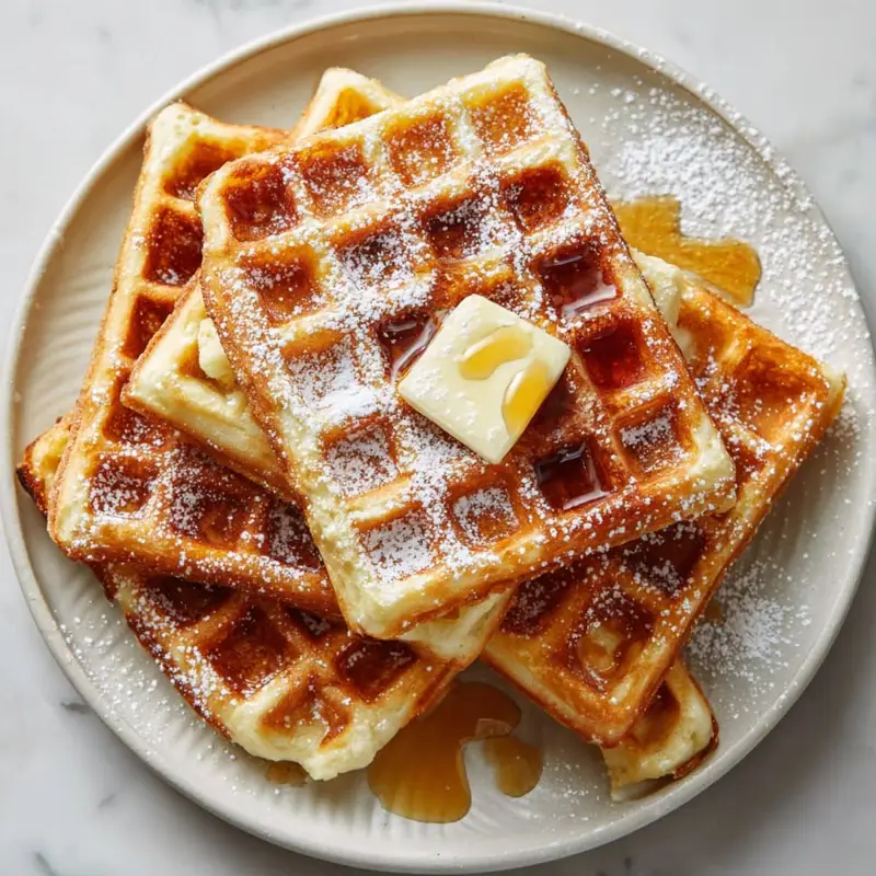 Fluffy Belgian buttermilk waffles with butter and syrup.
