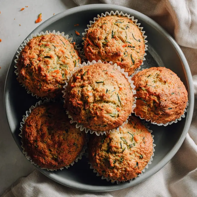 Freshly baked zucchini and carrot muffins cooling on a white  kitchen counter, shot from above with natural lighting.