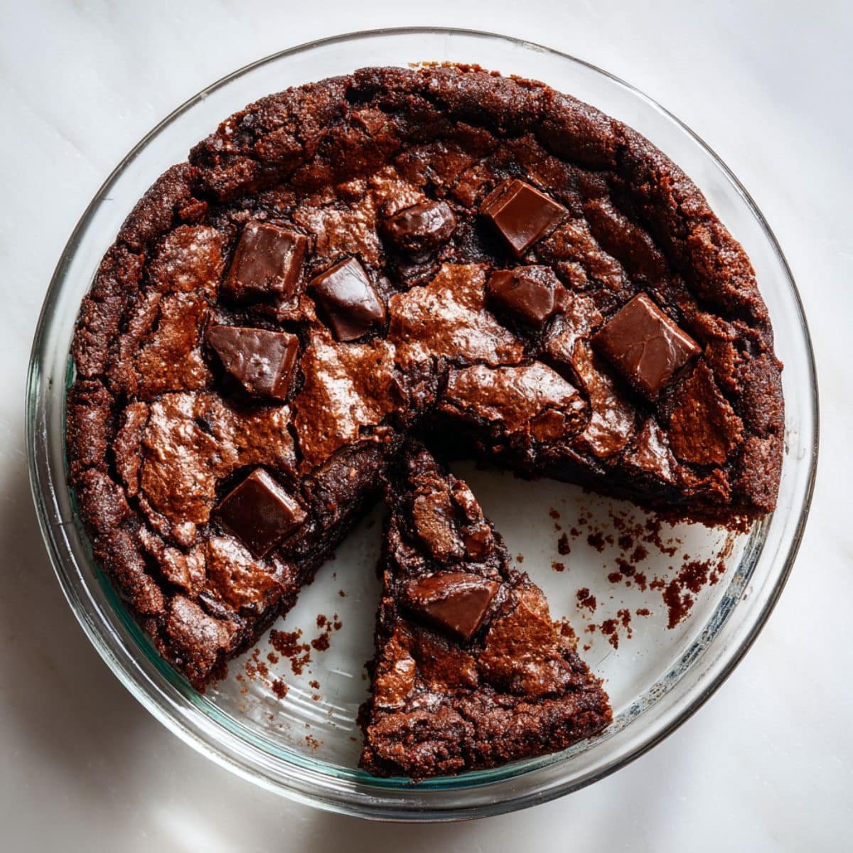 Fudgy chocolate brownie pie with a gooey center and crisp edges, shot from above on a white kitchen table in natural light.