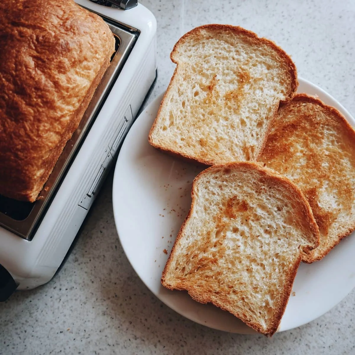 Homemade loaf of bread with slices of golden toast on a white kitchen table, photographed from above.