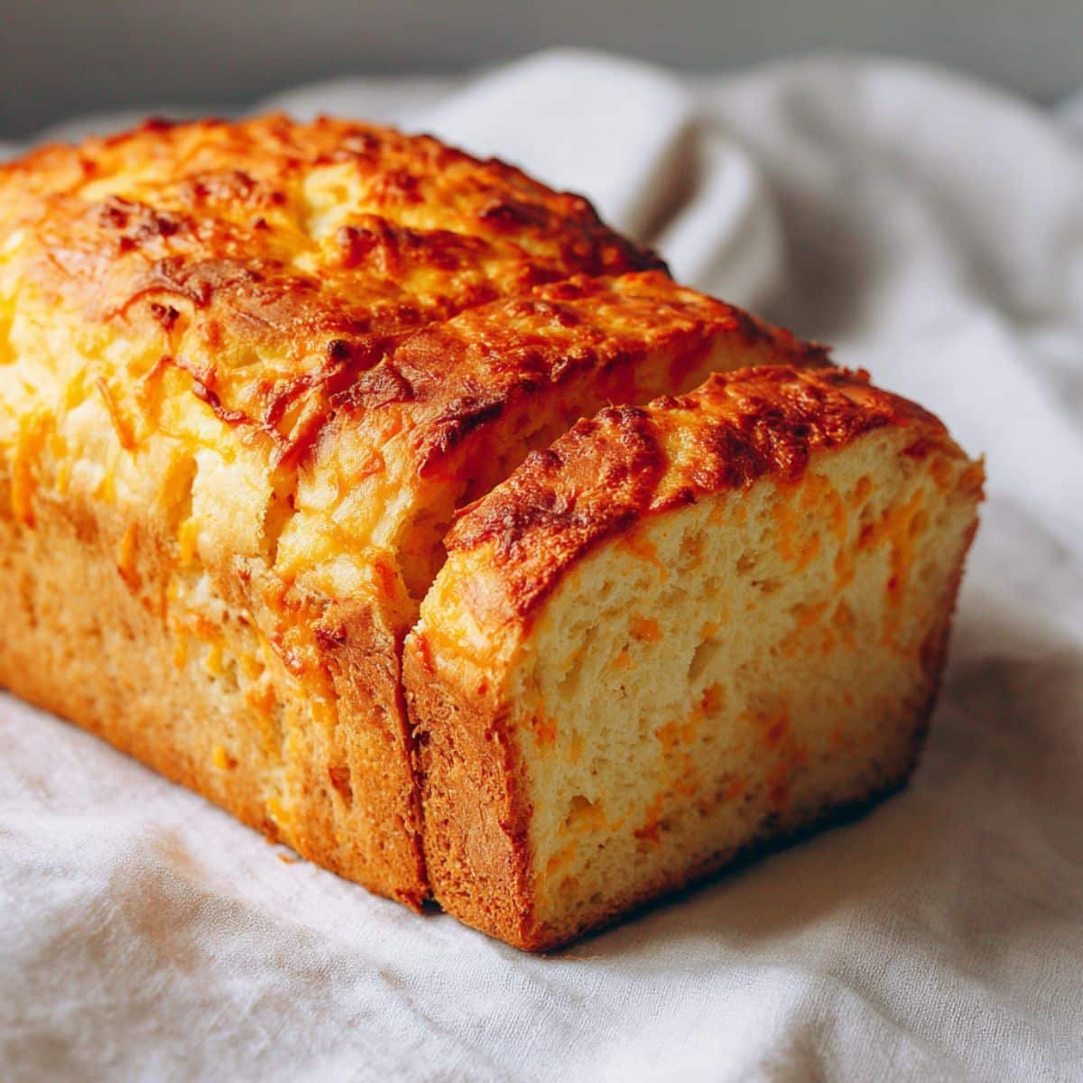 Golden homemade cheddar cheese bread loaf on a white kitchen table, captured from above in natural light with a rustic, real-life feel.