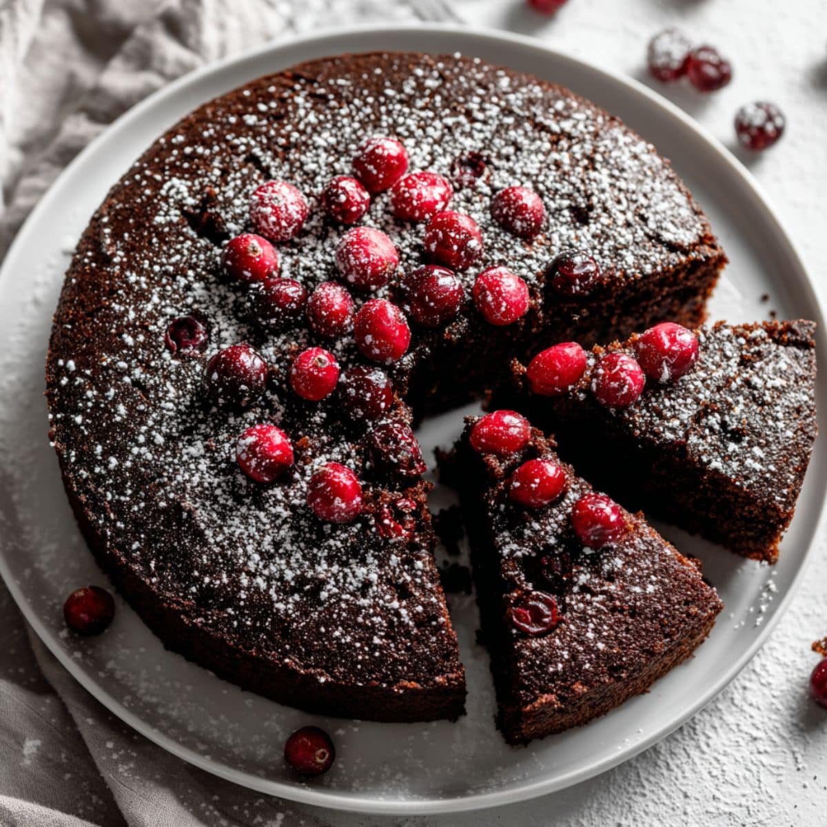 A moist chocolate cranberry cake slice on a white kitchen counter, topped with powdered sugar and scattered cranberries, photographed naturally from above in a cozy home kitchen.