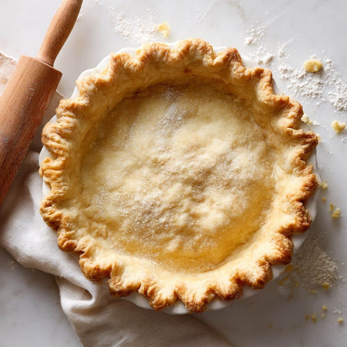 Golden flaky sour cream pie crust on a white kitchen counter with a rolling pin and flour dust, captured from above in natural light.