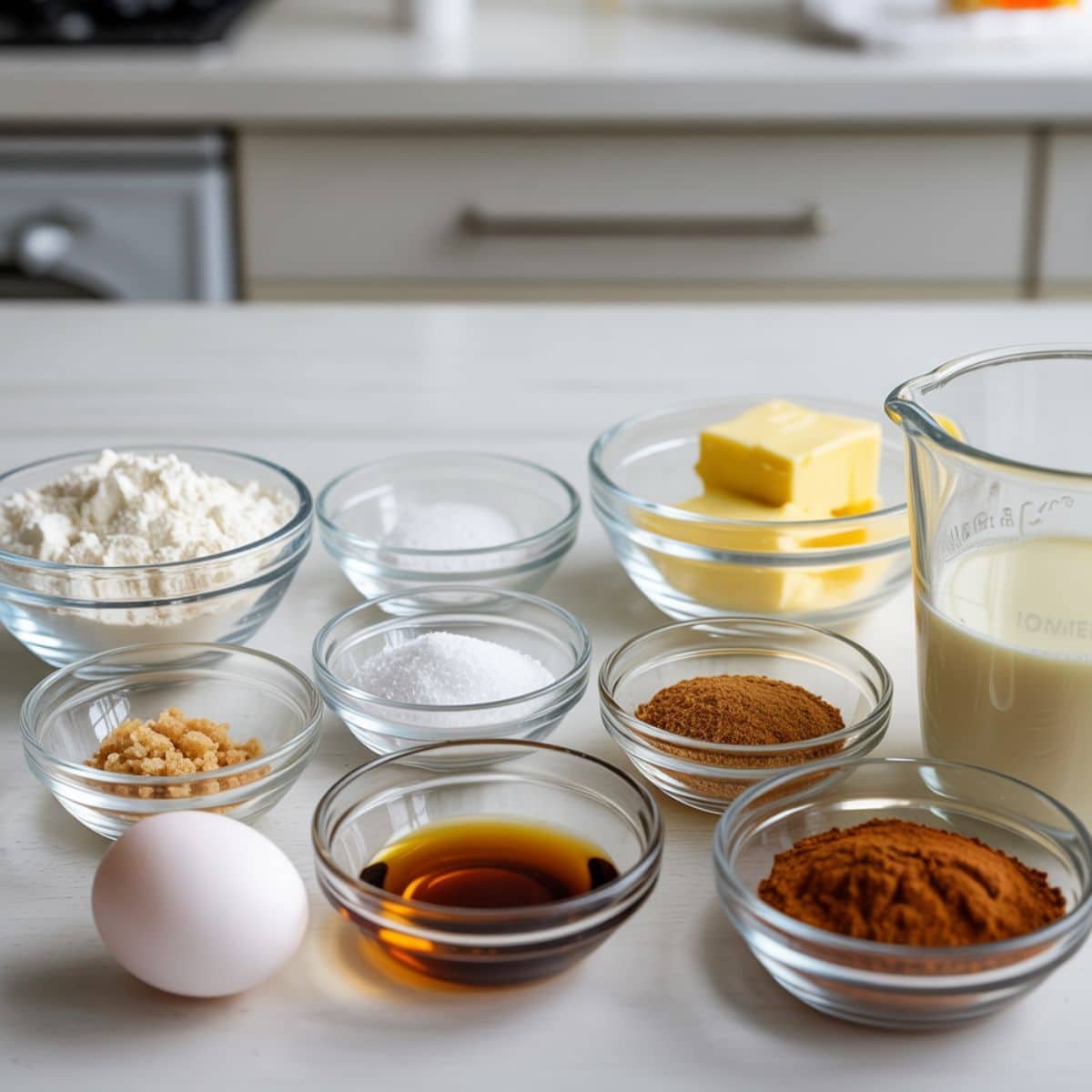 Ingredients for french breakfast puffs on a white kitchen counter, top-down shot.