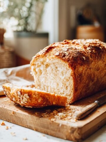 Homemade honey oatmeal bread loaf on a white kitchen counter, sliced and golden brown.