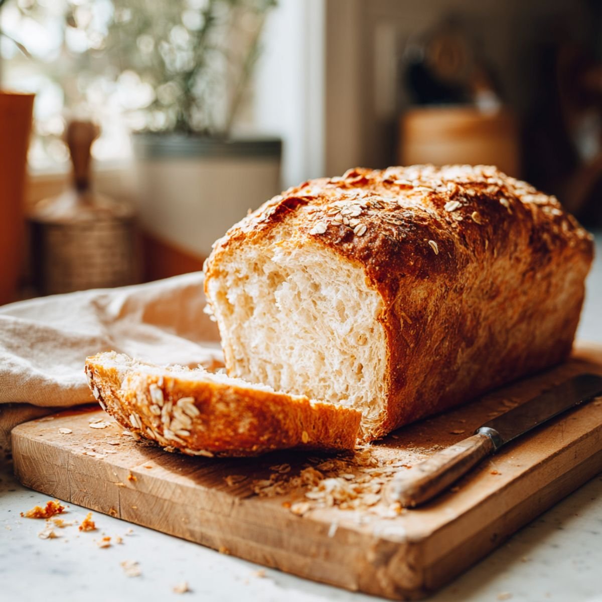Homemade honey oatmeal bread loaf on a white kitchen counter, sliced and golden brown.