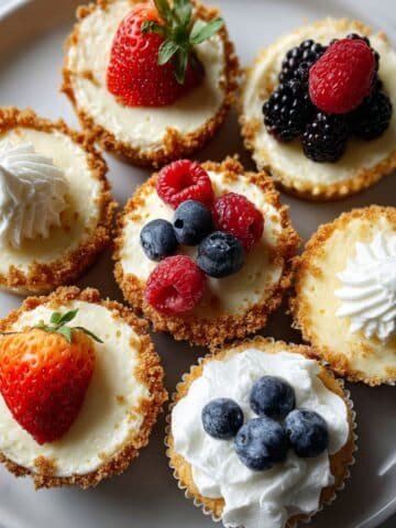 Freshly baked cheesecake cupcakes with graham cracker crust and creamy tops, photographed from above on a white kitchen table with natural daylight.