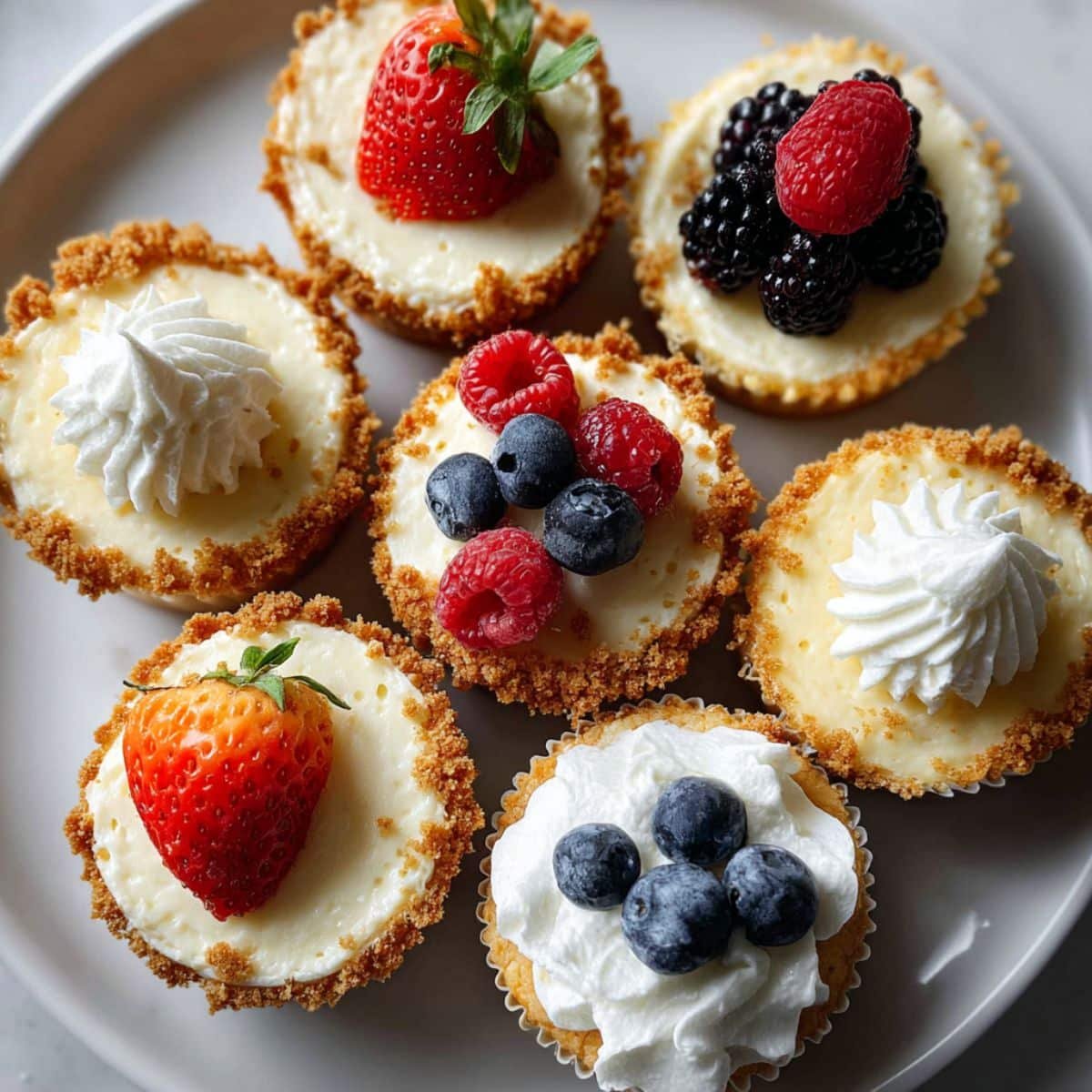 Freshly baked cheesecake cupcakes with graham cracker crust and creamy tops, photographed from above on a white kitchen table with natural daylight.