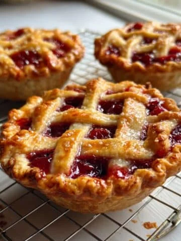 Homemade mini cherry pies with golden crust cooling on a rack, photographed from above on a white kitchen table with natural light.