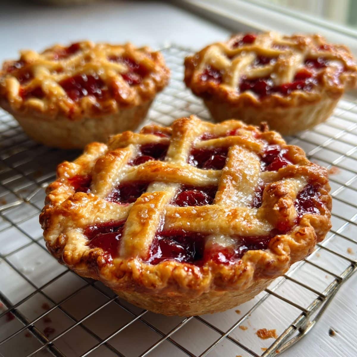Homemade mini cherry pies with golden crust cooling on a rack, photographed from above on a white kitchen table with natural light.