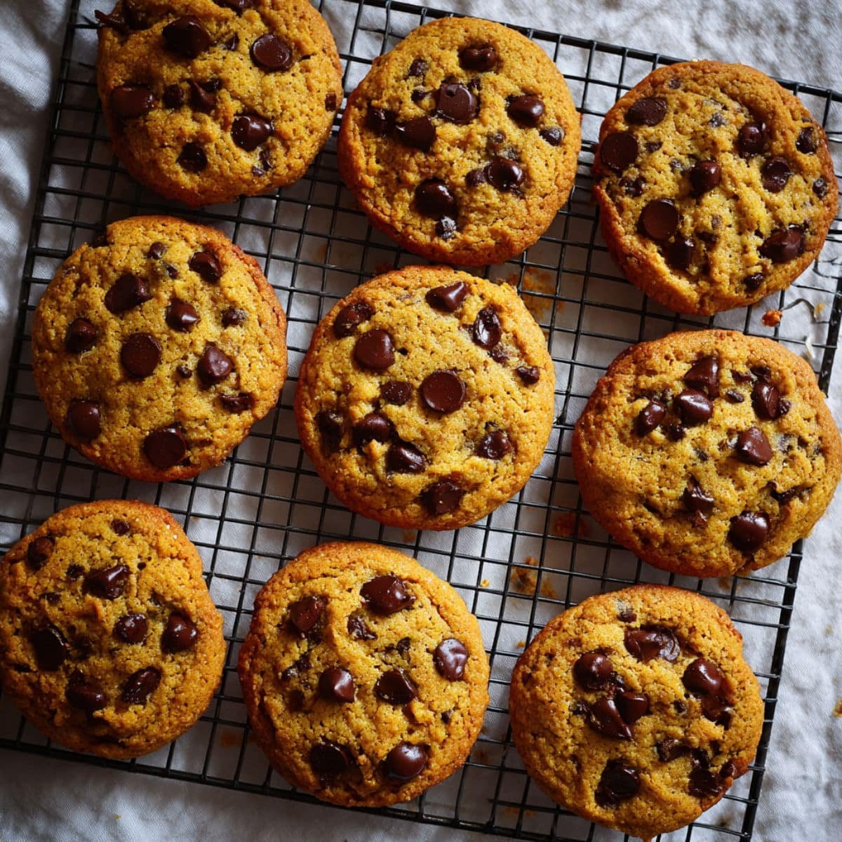 Freshly baked pumpkin chocolate chip cookies on a wire rack