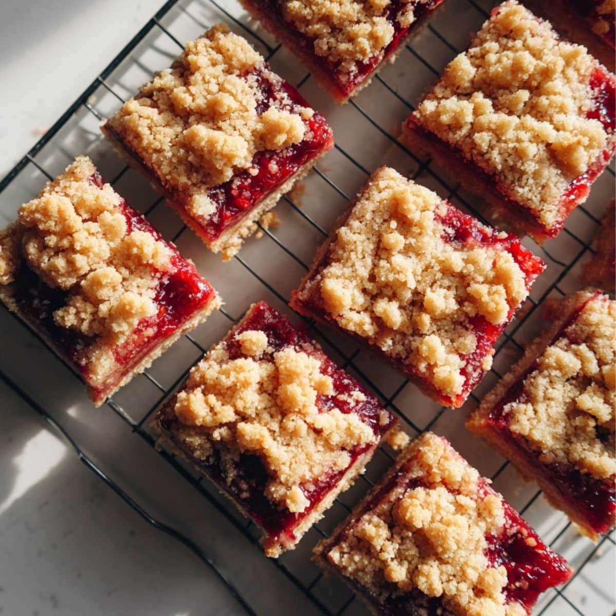 Freshly baked Raspberry Bars Recipe with golden crumb topping and raspberry filling cooling on a white kitchen counter.