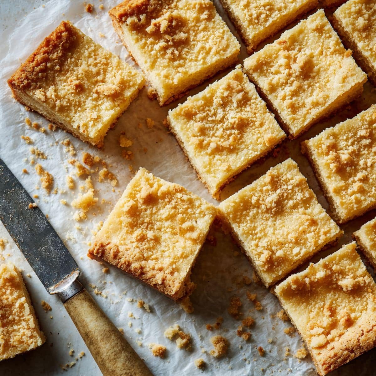 Freshly baked buttery shortbread bars on a white kitchen counter.