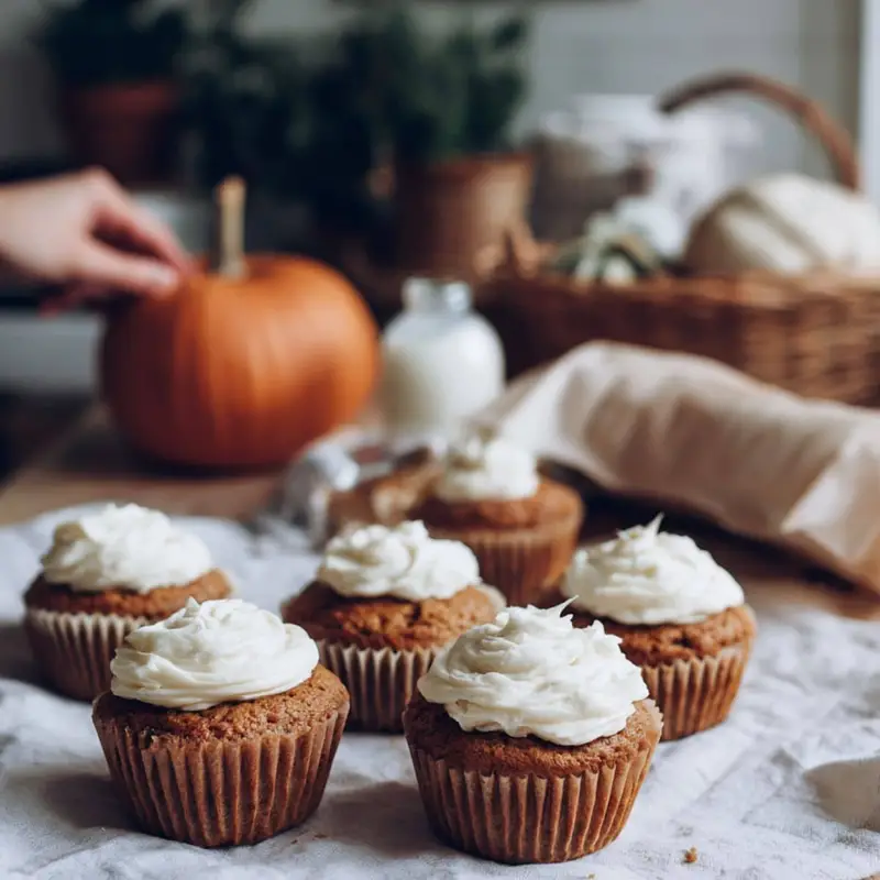 Freshly frosted homemade pumpkin cupcakes on a white kitchen table.