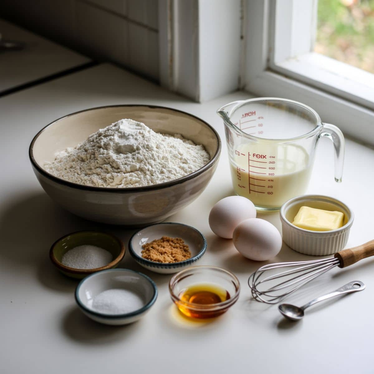 Top-down view of pancake ingredients on a white kitchen table, including flour, sugar, eggs, milk, butter, vanilla