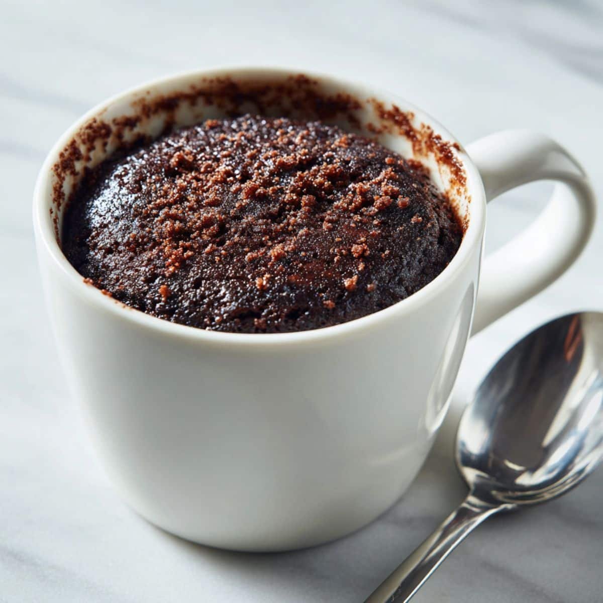Fudgy brownie mug cake in a white mug on a kitchen table with a spoon beside it, shot from above.