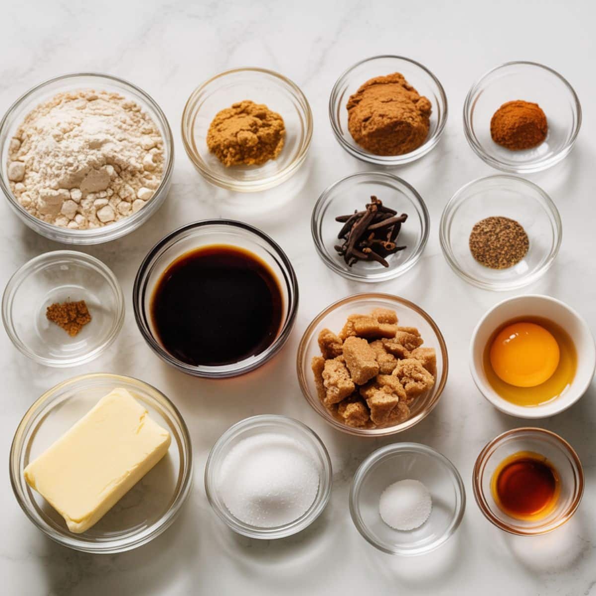 Overhead photo of gingerbread men cookie ingredients on a white kitchen counter, including flour, butter, brown sugar, molasses, and warm spices.