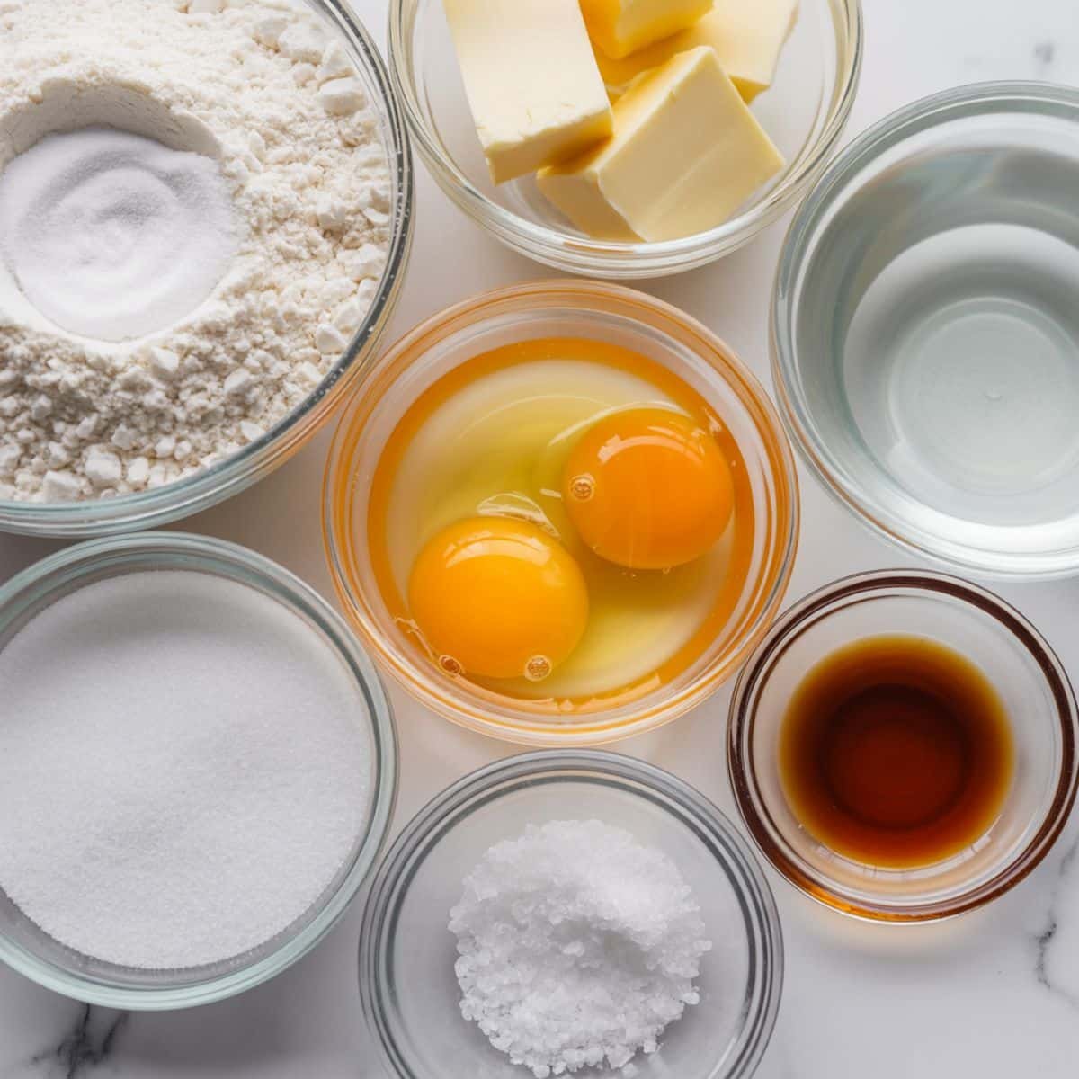 Flat lay of gluten-free choux pastry ingredients including butter, eggs, flour blend, sugar, and vanilla on a white kitchen table.