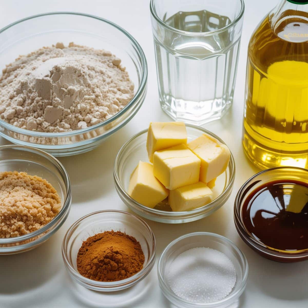gluten-free churro ingredients on a white kitchen counter, including flour, butter, sugar, cinnamon, and oil.