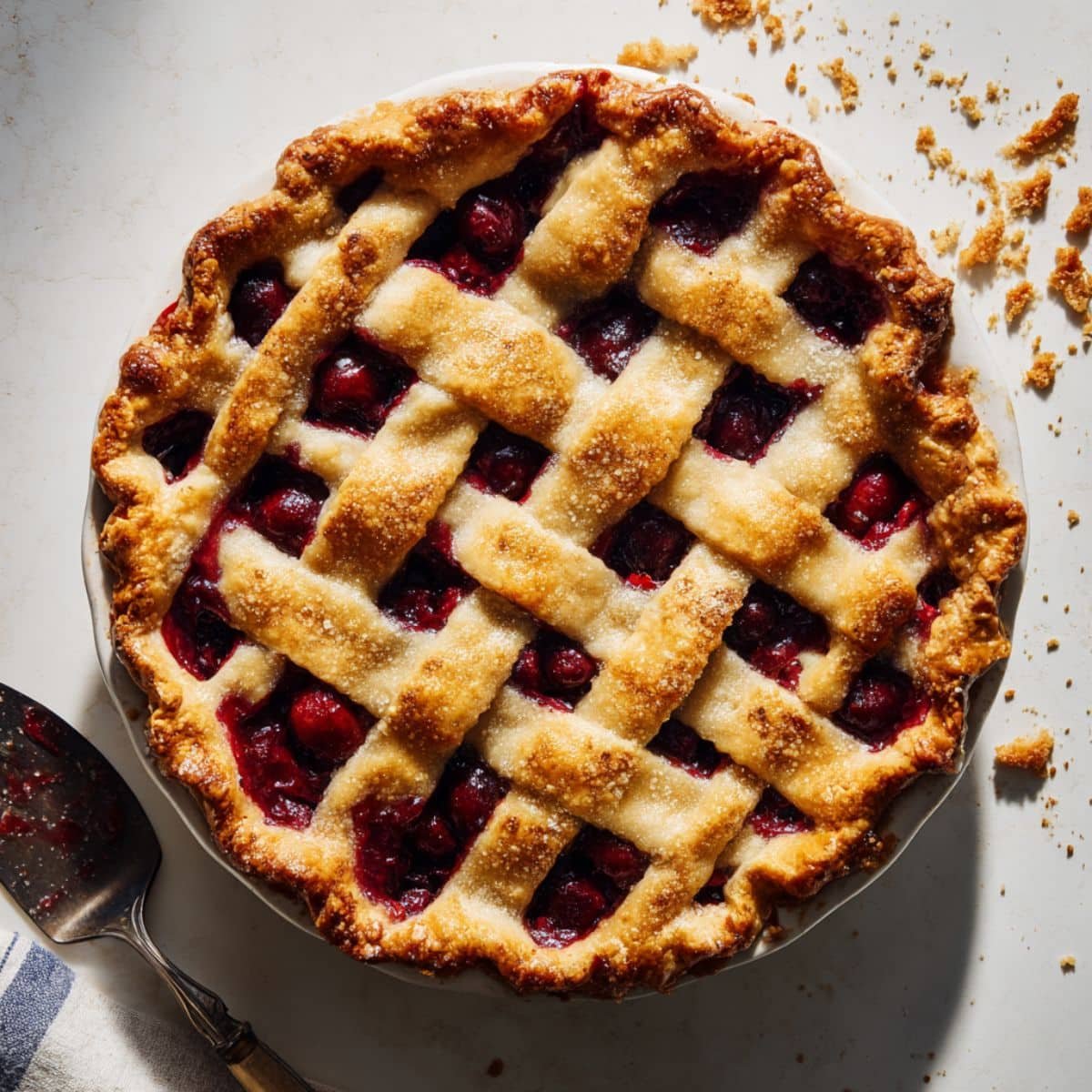 Homemade golden cherry pie on white kitchen counter, shot from above.