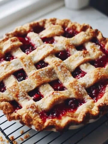 Homemade cranberry pie recipe with golden crust and bubbling red filling on a white counter.
