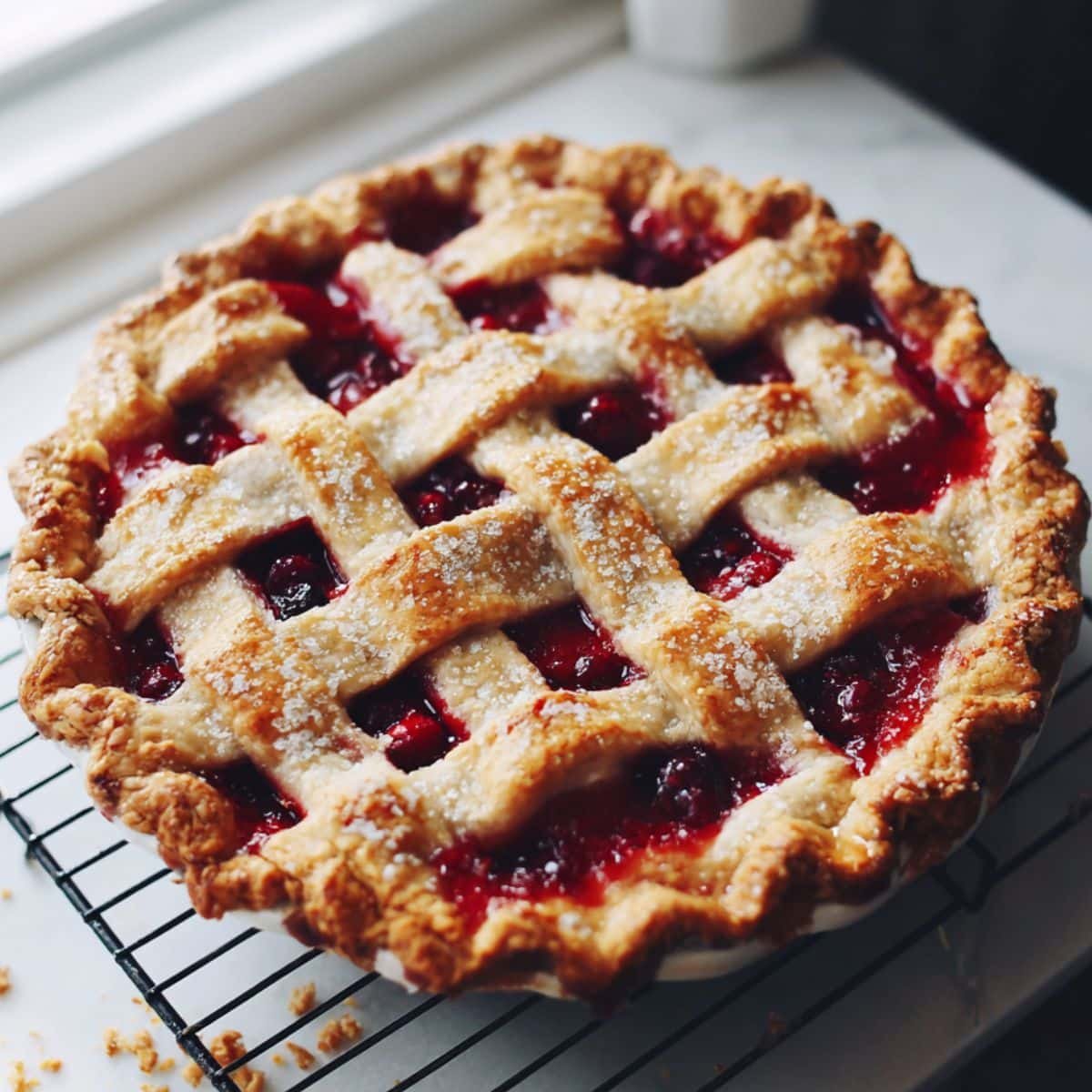 Homemade cranberry pie recipe with golden crust and bubbling red filling on a white counter.