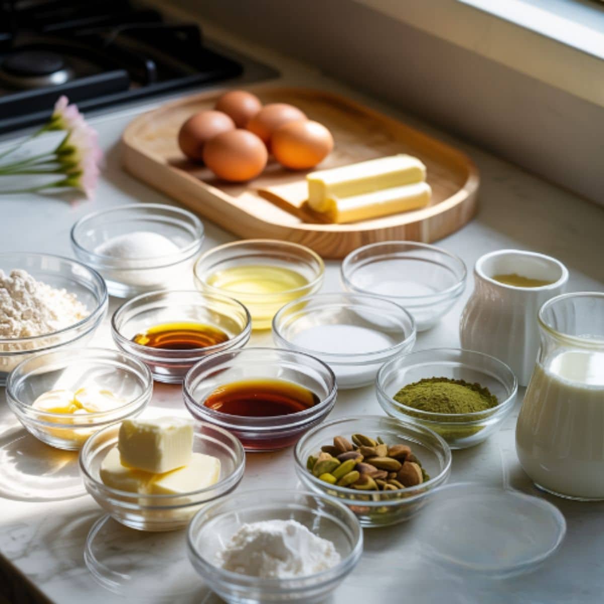 Top-down photo of green cake ingredients on a white kitchen counter including flour, sugar, eggs, butter, milk, and matcha powder in natural daylight.