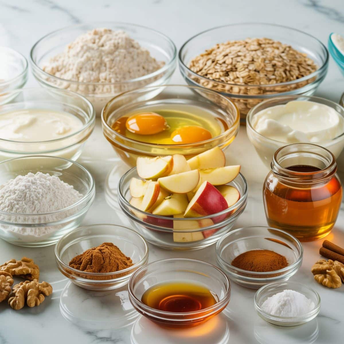 Apple bread ingredients arranged on a white kitchen table.