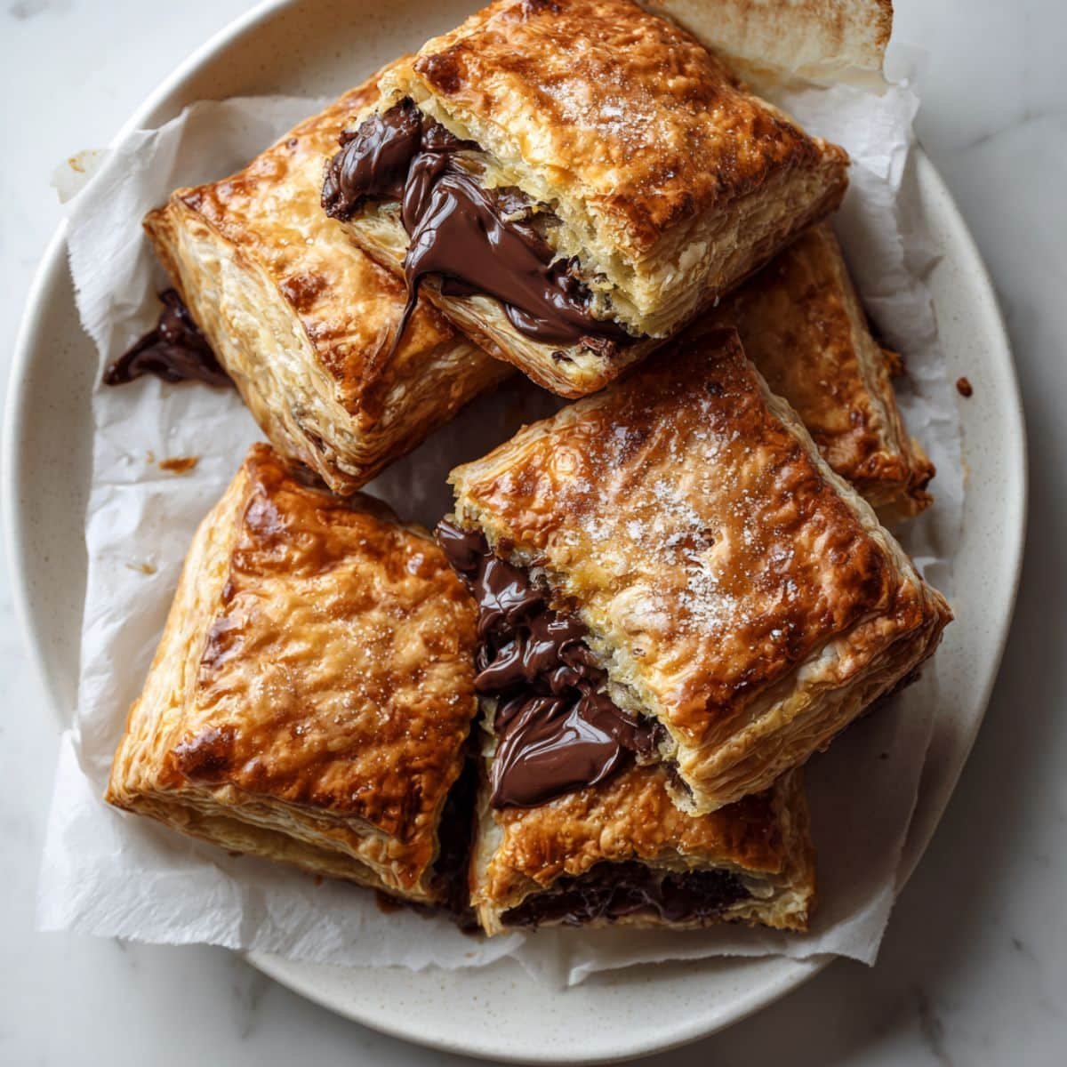 Top-down photo of freshly baked homemade chocolate pastry on a white kitchen table, golden and flaky with melted dark chocolate filling.