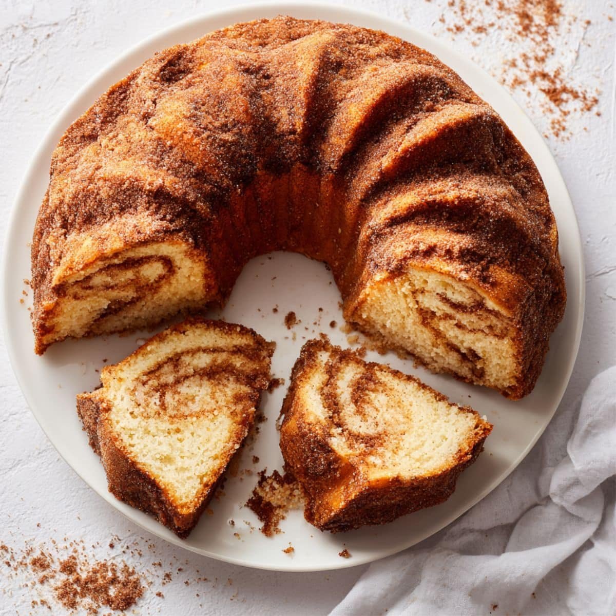 Homemade churro cake with cinnamon sugar topping on a white kitchen table, top-down shot.