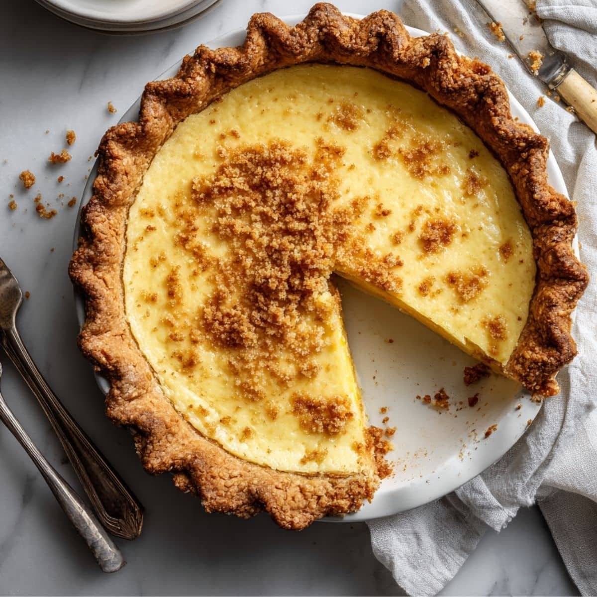 Homemade egg custard pie slice on a white plate, showing creamy filling and flaky crust on a white kitchen table.