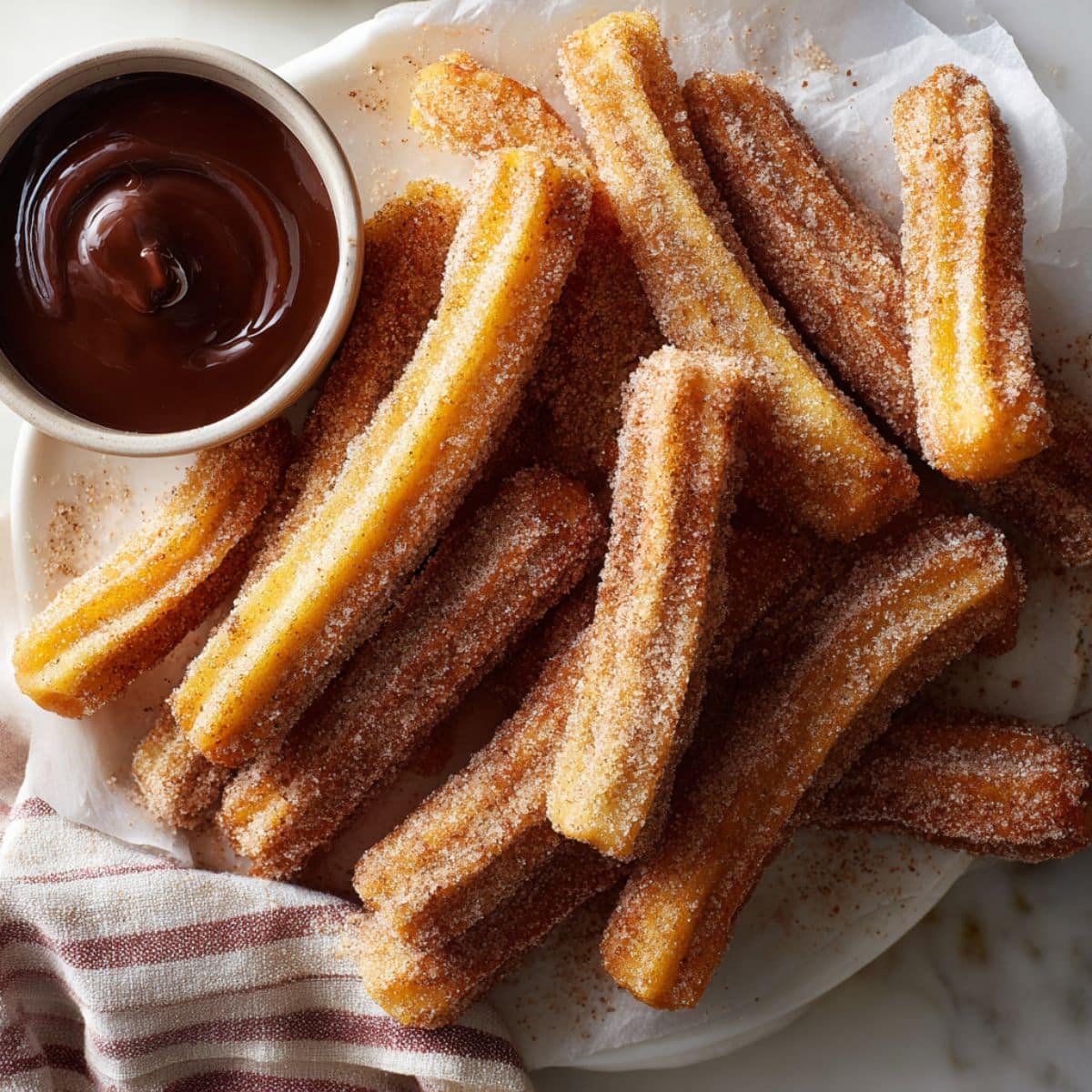 Homemade gluten-free churros dusted with cinnamon sugar on a white kitchen table, served with chocolate sauce.