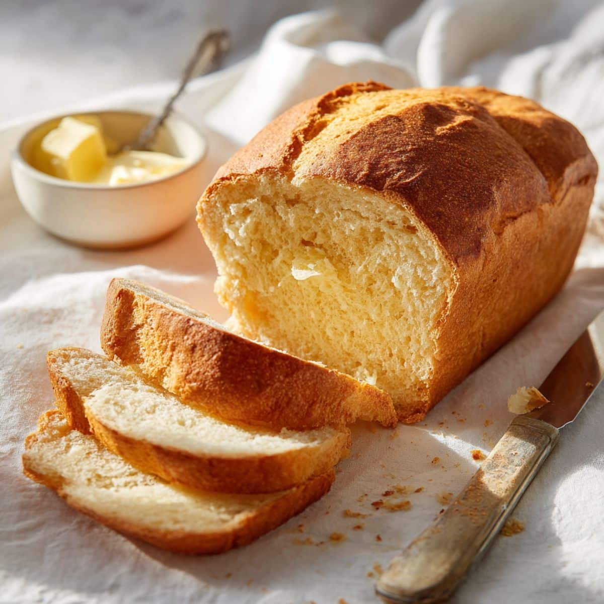 Homemade gluten free potato bread loaf sliced on a white kitchen table, showing soft texture and golden crust.