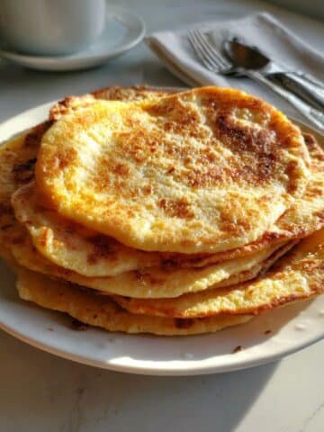 Soft golden keto flatbread stacked on a white kitchen counter, homemade and naturally lit.