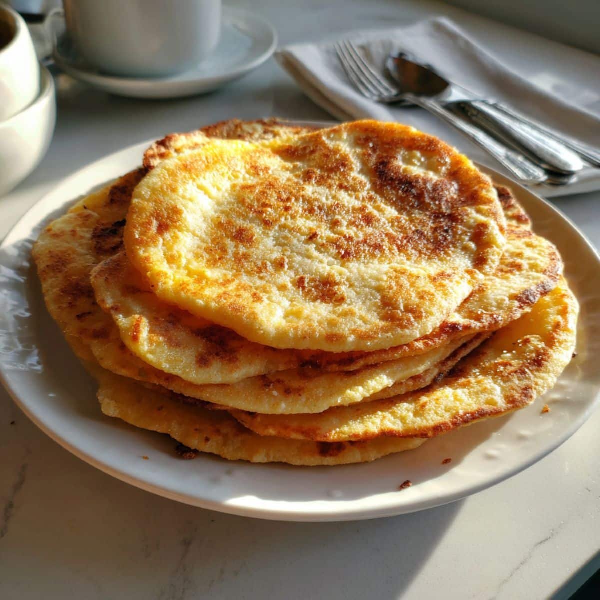 Soft golden keto flatbread stacked on a white kitchen counter, homemade and naturally lit.