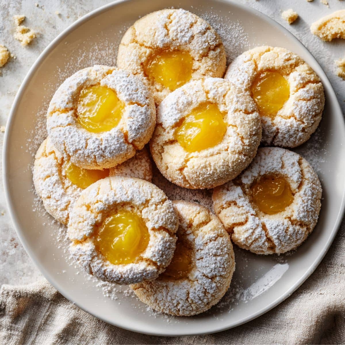 Top-down photo of homemade lemon curd cookies filled with lemon curd and dusted with powdered sugar on a white kitchen table.