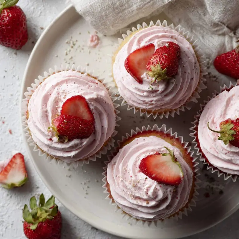 Homemade strawberry cupcakes recipe with pink frosting and sliced strawberries on a white kitchen counter in natural light.