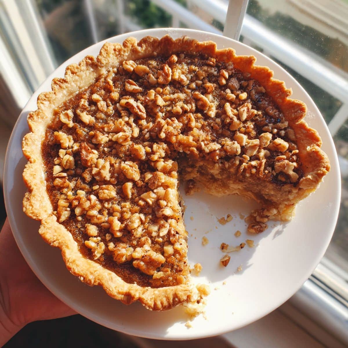 A top-down shot of a homemade walnut maple pie with a golden crust and visible toasted walnuts on a white kitchen table.