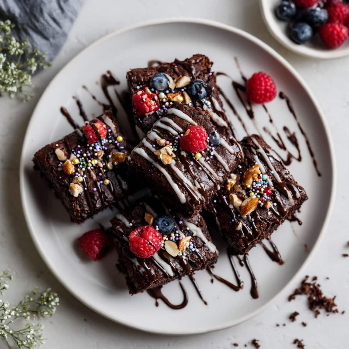 Homemade chocolate brownies decorations with ganache, nuts, and sprinkles on a white kitchen table, shot from above in natural daylight.