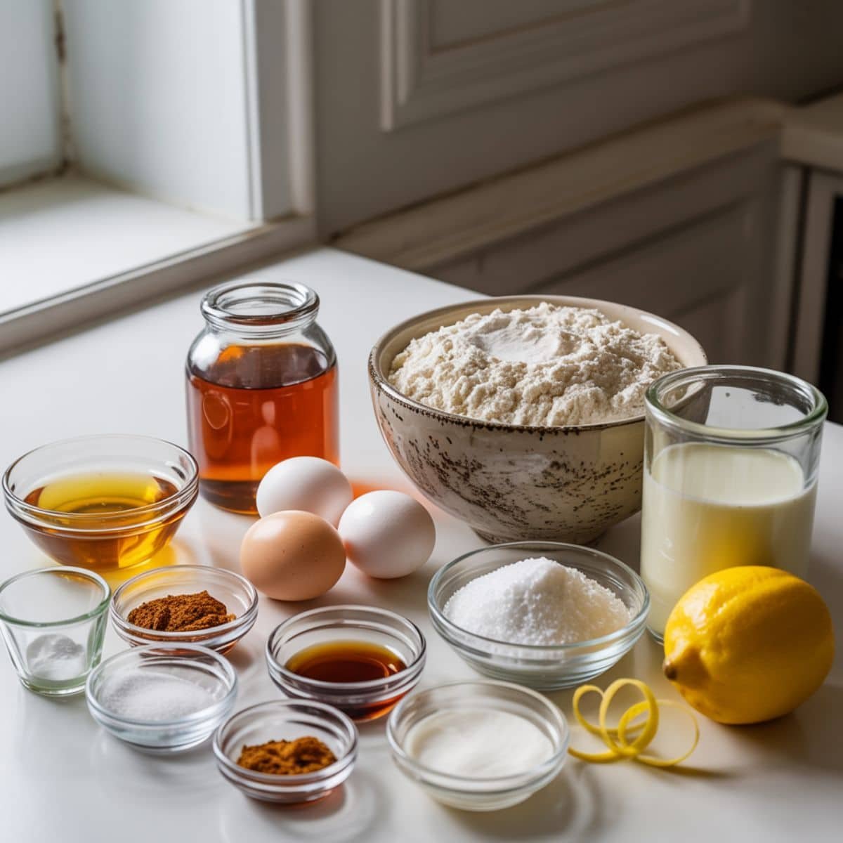 Flat lay of honey cake ingredients — honey, flour, eggs, sugar, oil, baking powder, milk, and lemon zest on a white kitchen table.