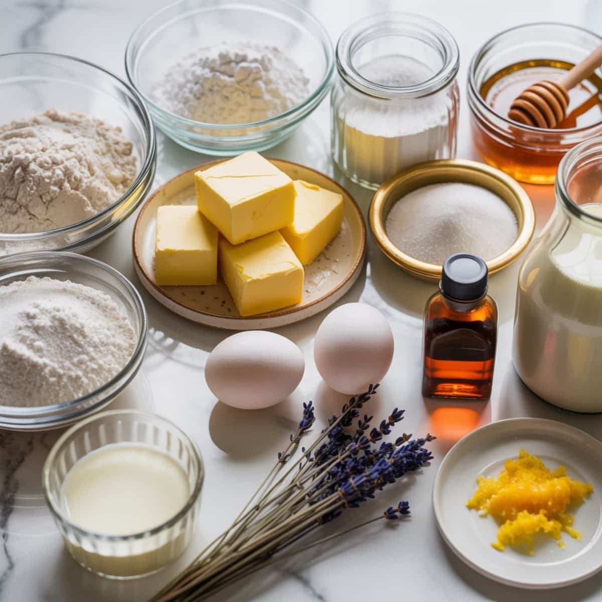 Top-down photo of honey lavender cake ingredients including flour, honey, lavender buds, butter, eggs, and milk on a white kitchen table with natural light.