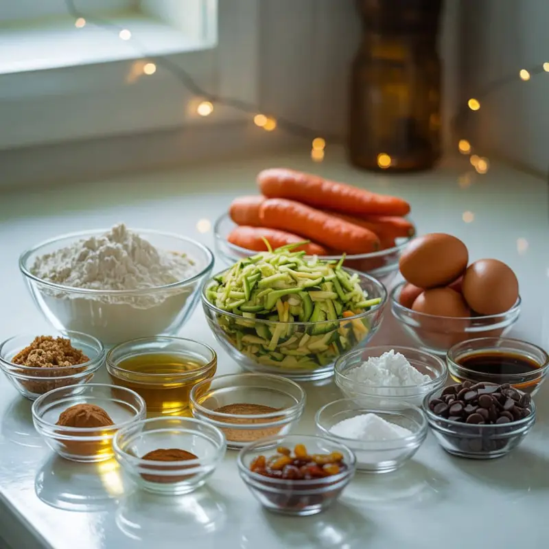 Overhead view of all ingredients for zucchini and carrot muffins arranged on a white kitchen table in natural light.