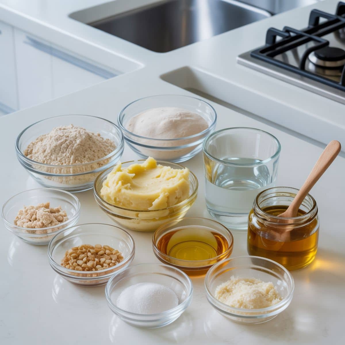 Flat lay of ingredients for homemade gluten free potato bread