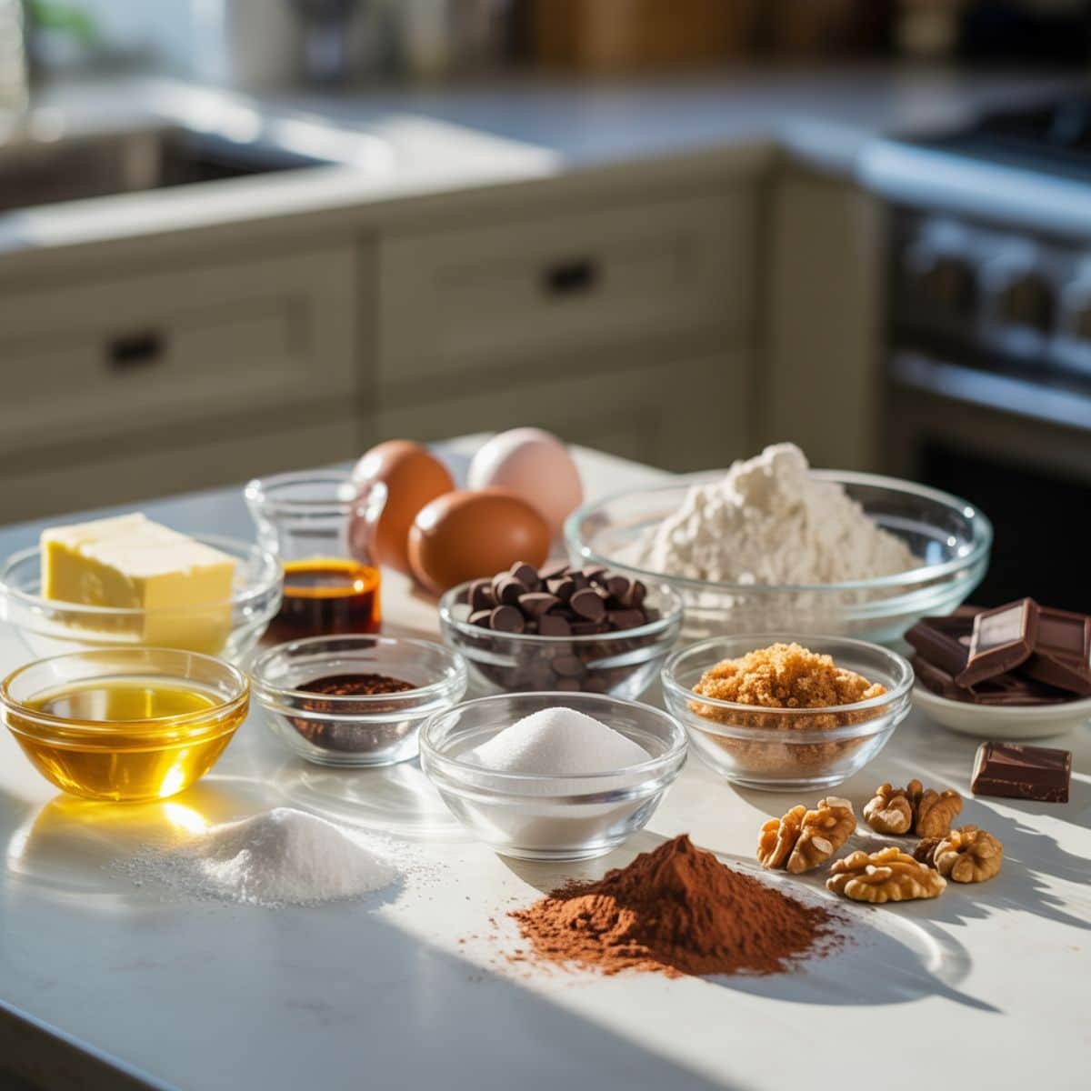 Overhead view of chocolate brownie pie ingredients arranged on a white kitchen table — cocoa powder, chocolate, sugar, eggs, and flour in small bowls.