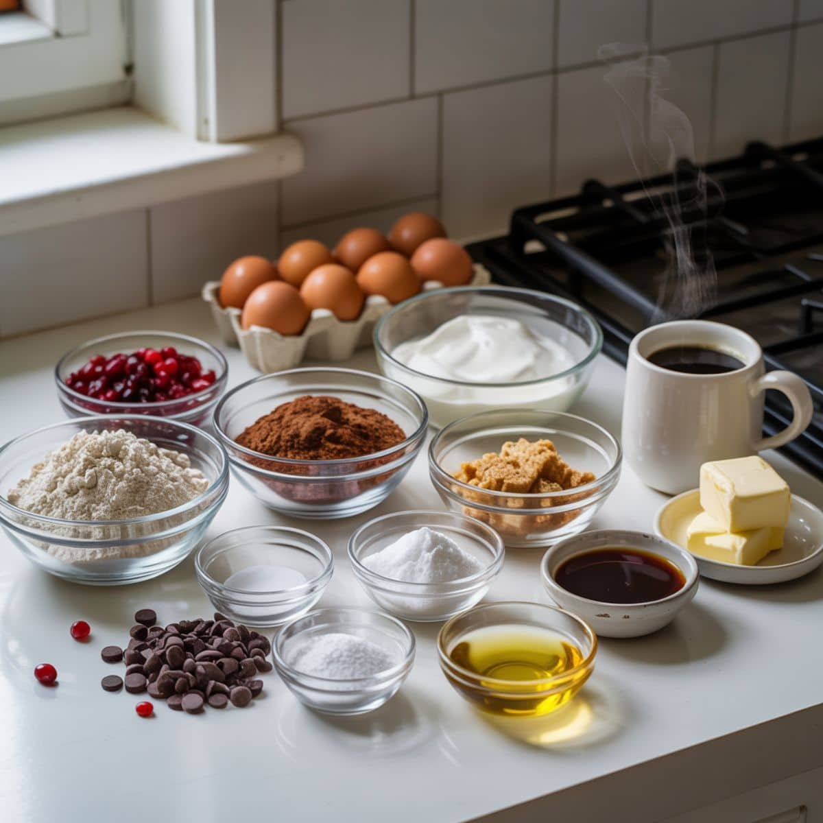 view of chocolate cranberry cake ingredients on a white kitchen counter