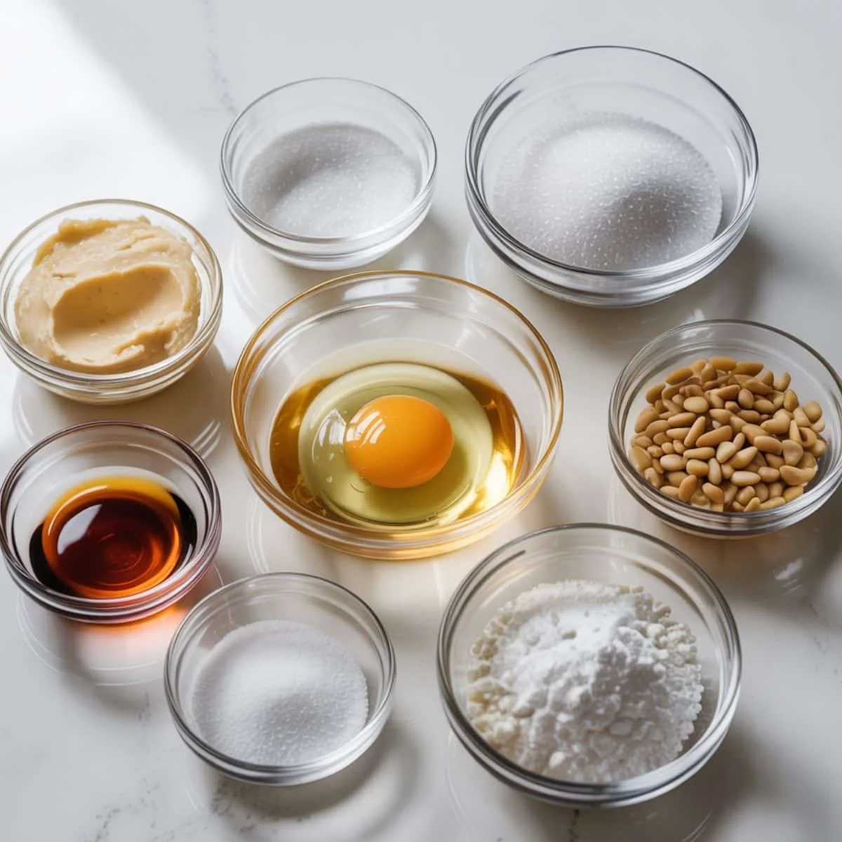 Top-down photo of real ingredients for Italian pignoli cookies on a white kitchen counter — almond paste, pine nuts, egg whites, sugar, and vanilla in small bowls.