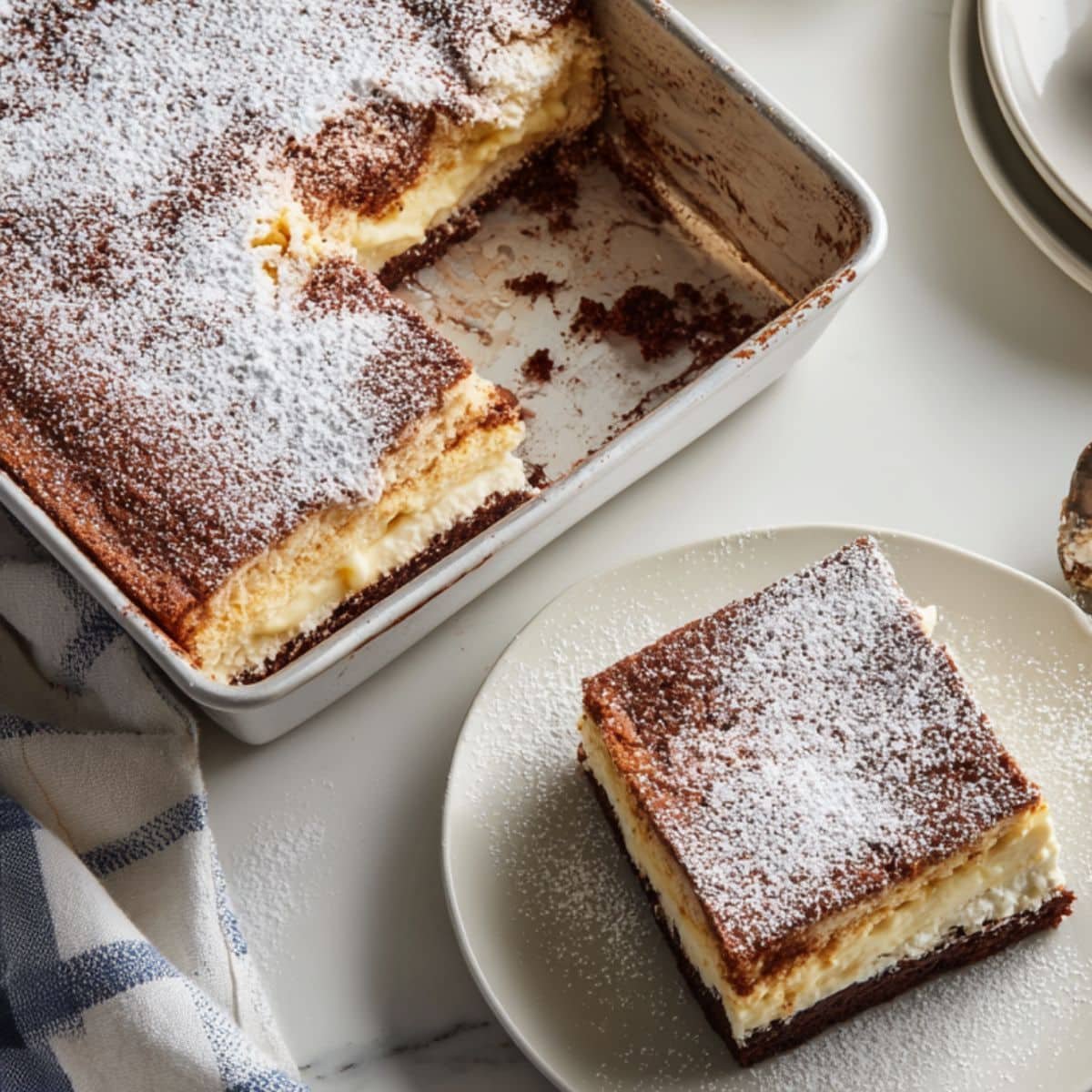 Italian Love Cake with layers of chocolate, ricotta, and pudding topping on a white kitchen table, slice removed to reveal creamy texture.