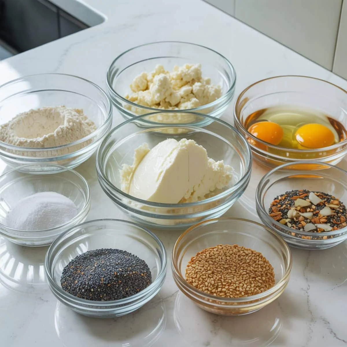 Simple keto bagel ingredients — almond flour, cottage cheese, eggs, cream cheese, and seasoning — laid out naturally on a white kitchen counter.