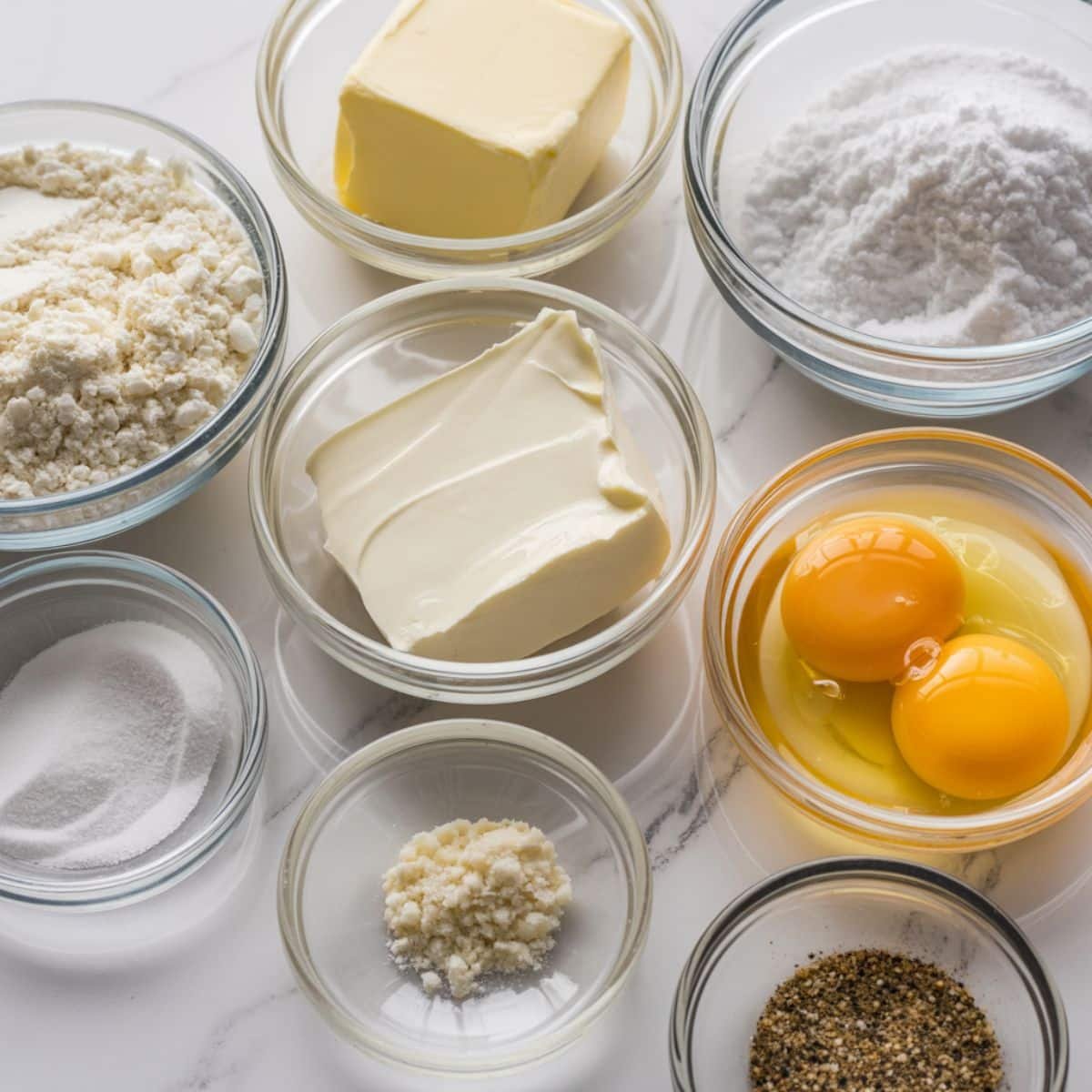 Overhead shot of keto biscuit ingredients including almond flour, butter, cream cheese, eggs, and baking powder on a white kitchen counter.